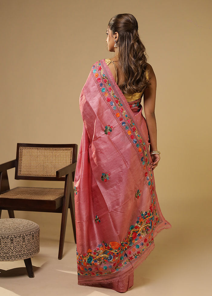 Purple Handloom Tussar Pure Silk Saree With Blouse Piece