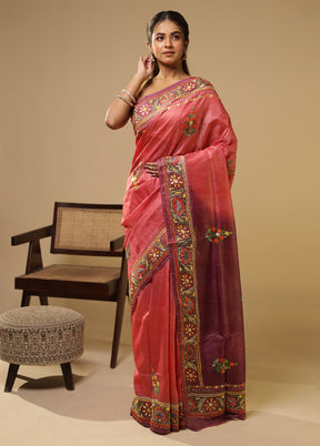 Purple Handloom Tussar Pure Silk Saree With Blouse Piece
