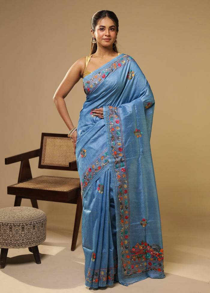 Blue Handloom Tussar Pure Silk Saree With Blouse Piece
