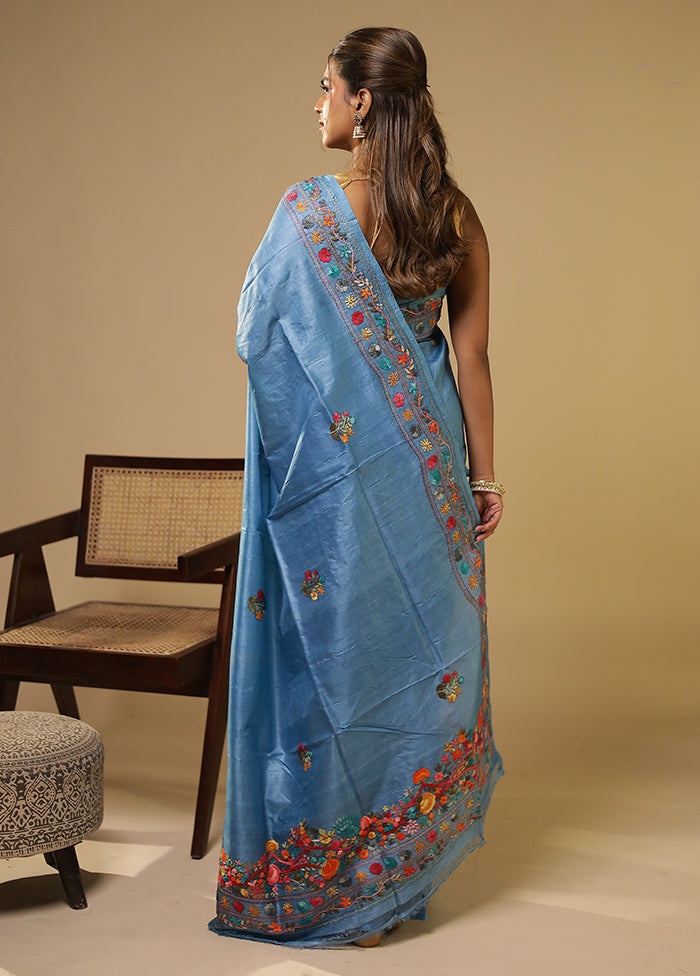Blue Handloom Tussar Pure Silk Saree With Blouse Piece