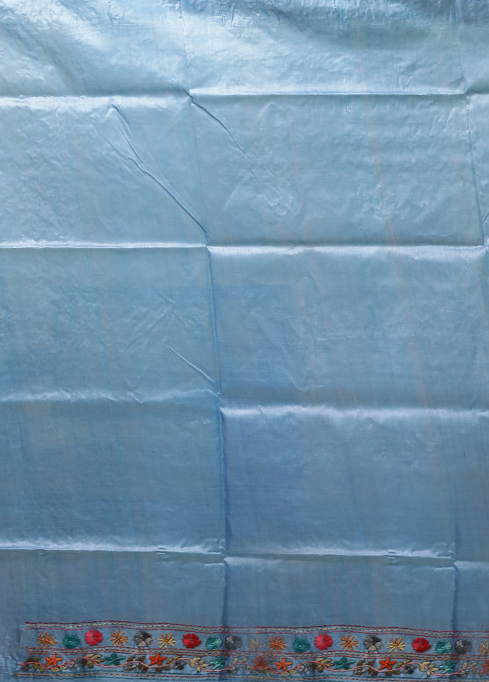 Blue Handloom Tussar Pure Silk Saree With Blouse Piece