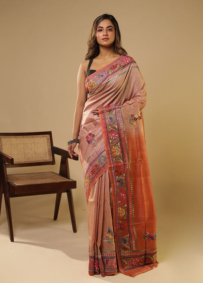 Rust Handloom Tussar Pure Silk Saree With Blouse Piece