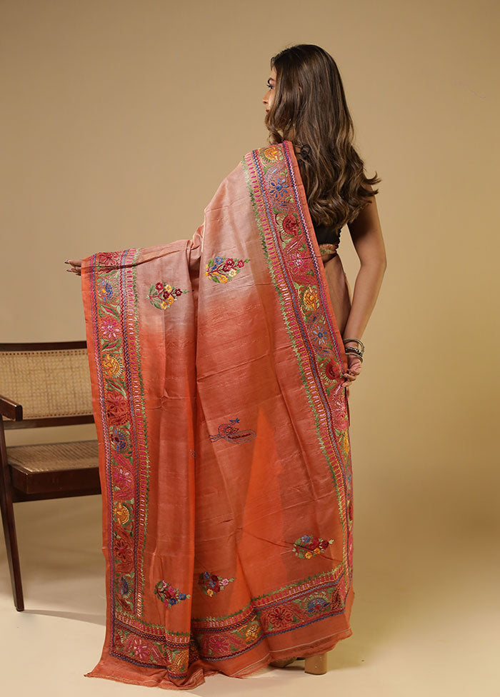 Rust Handloom Tussar Pure Silk Saree With Blouse Piece