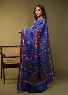 Blue Handloom Tussar Pure Silk Saree With Blouse Piece