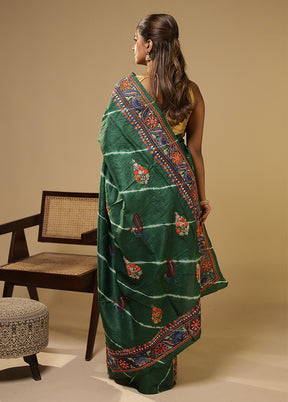 Green Handloom Tussar Pure Silk Saree With Blouse Piece