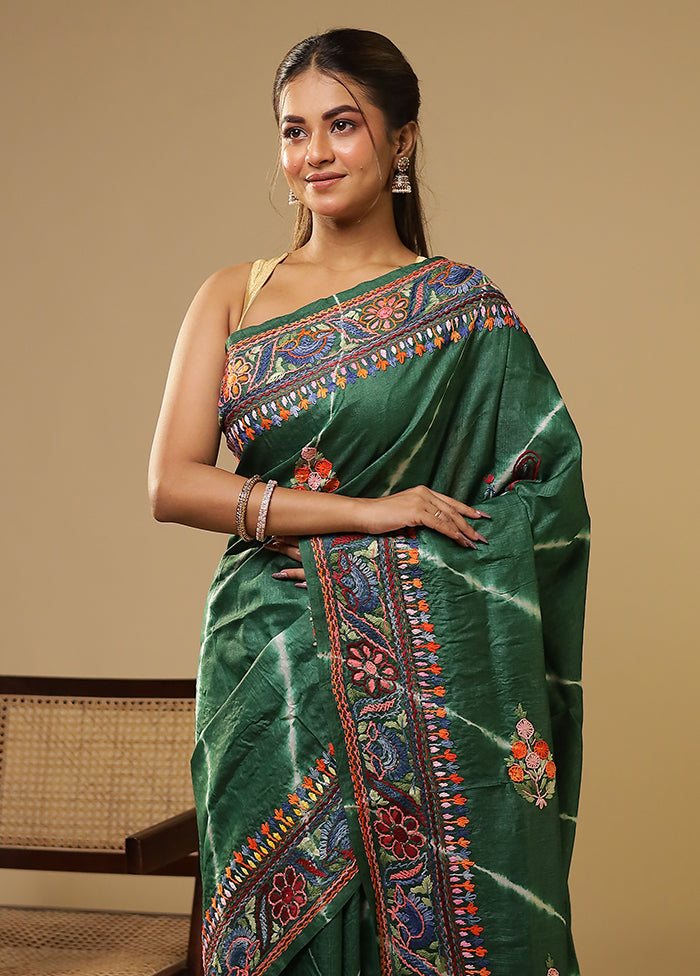 Green Handloom Tussar Pure Silk Saree With Blouse Piece