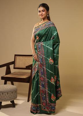 Green Handloom Tussar Pure Silk Saree With Blouse Piece