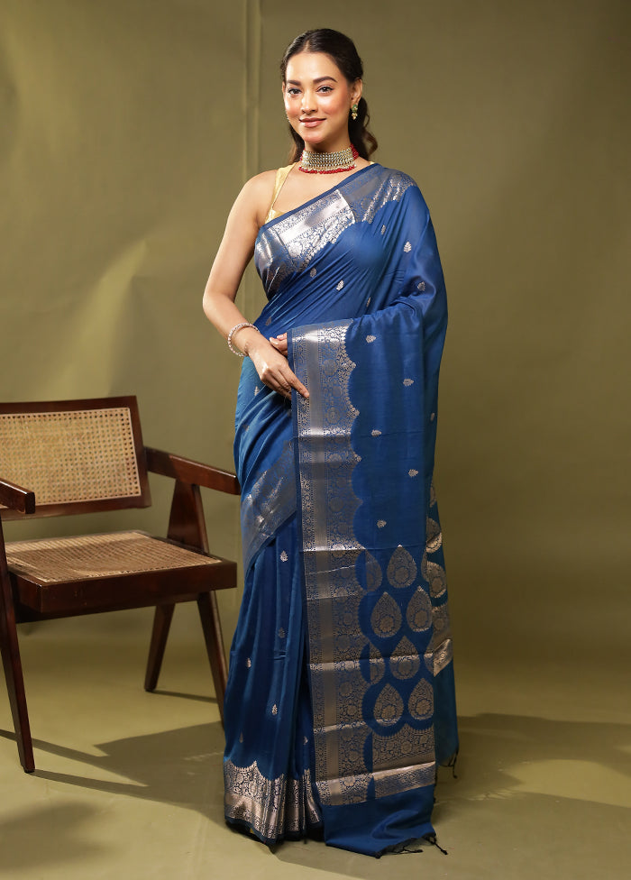 Blue Cotton Saree With Blouse Piece