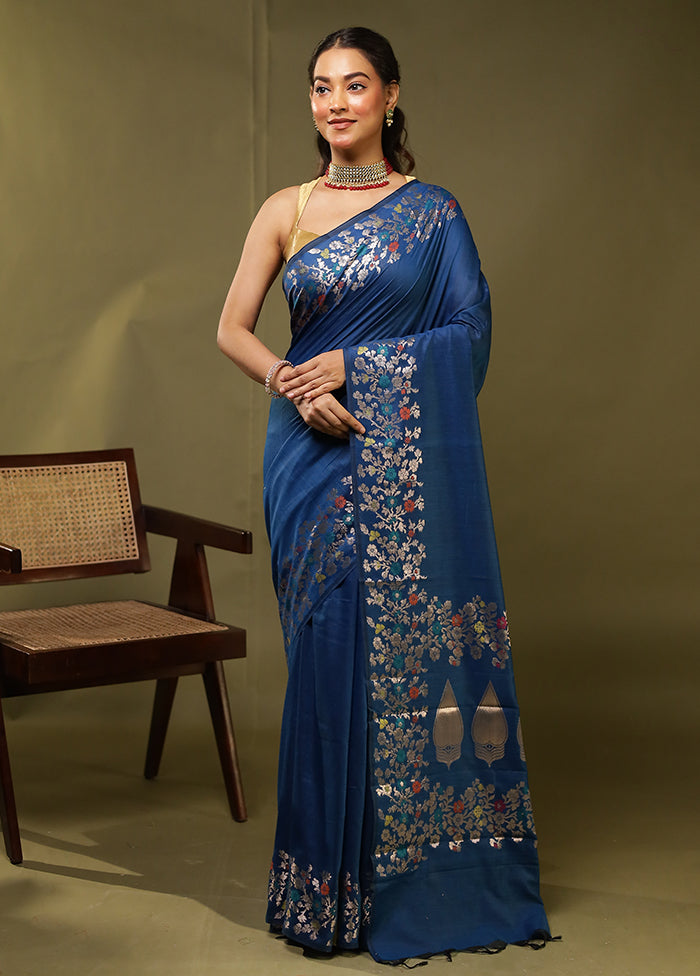 Blue Cotton Saree With Blouse Piece