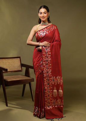 Red Cotton Saree With Blouse Piece