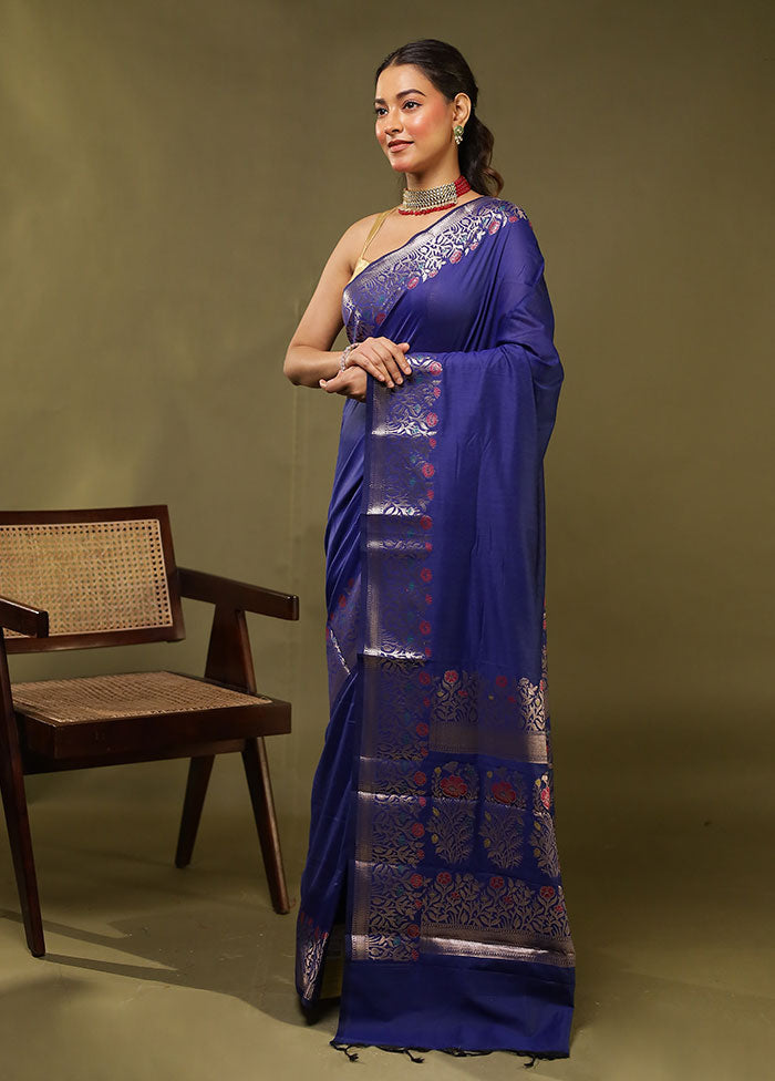 Blue Cotton Saree With Blouse Piece