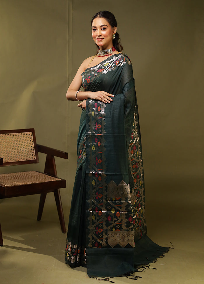 Green Cotton Saree With Blouse Piece