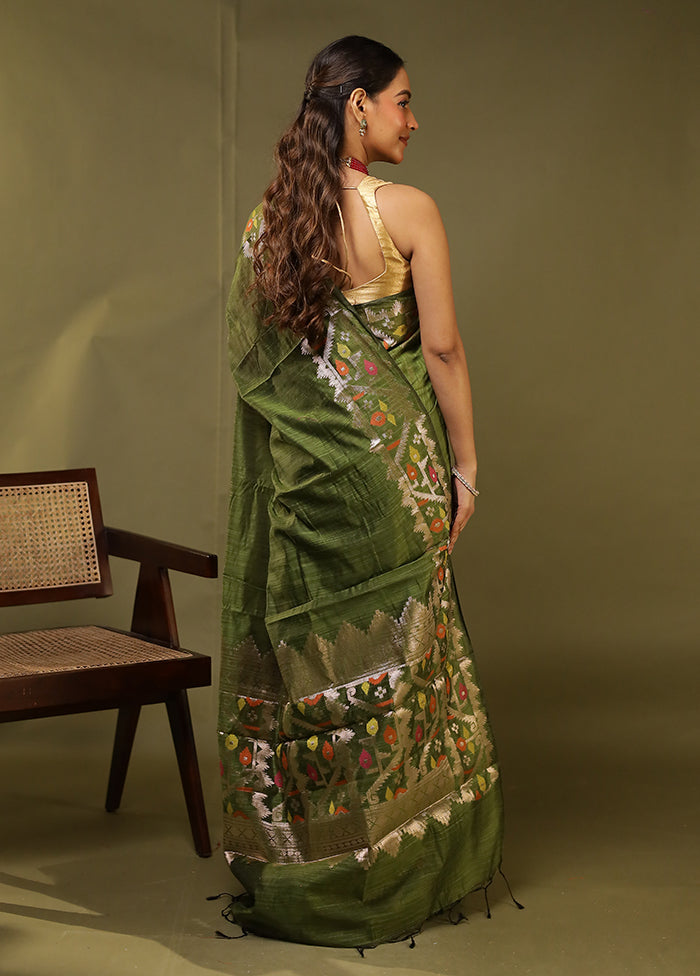 Green Cotton Saree With Blouse Piece