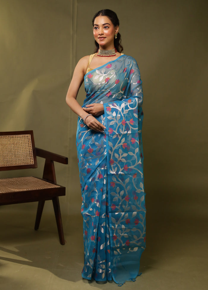 Blue Organza Saree With Blouse Piece