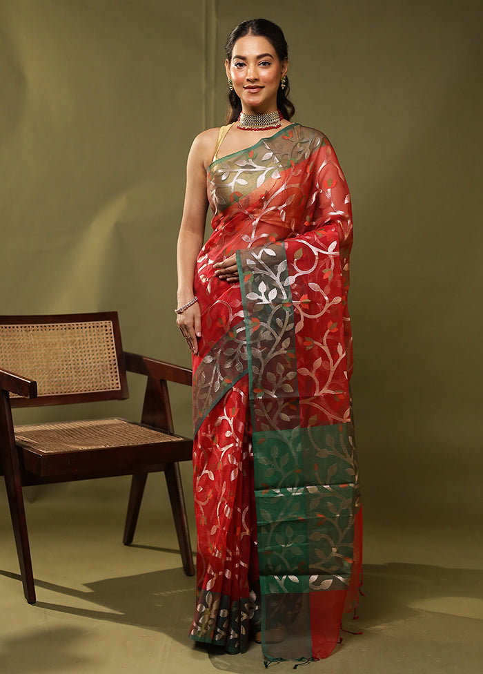 Red Organza Saree With Blouse Piece