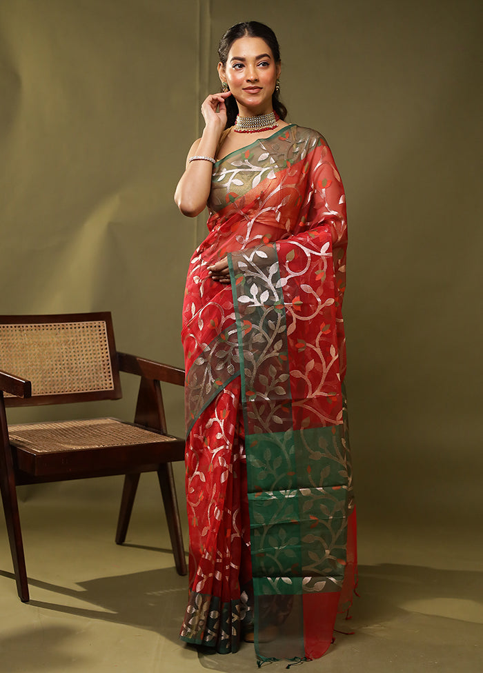 Red Organza Saree With Blouse Piece