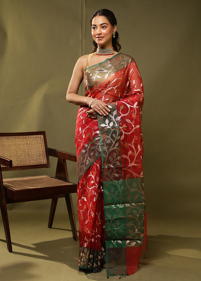 Red Organza Saree With Blouse Piece