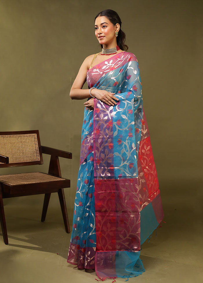 Blue Organza Saree With Blouse Piece