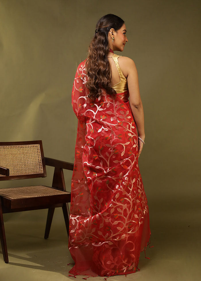 Red Organza Saree With Blouse Piece