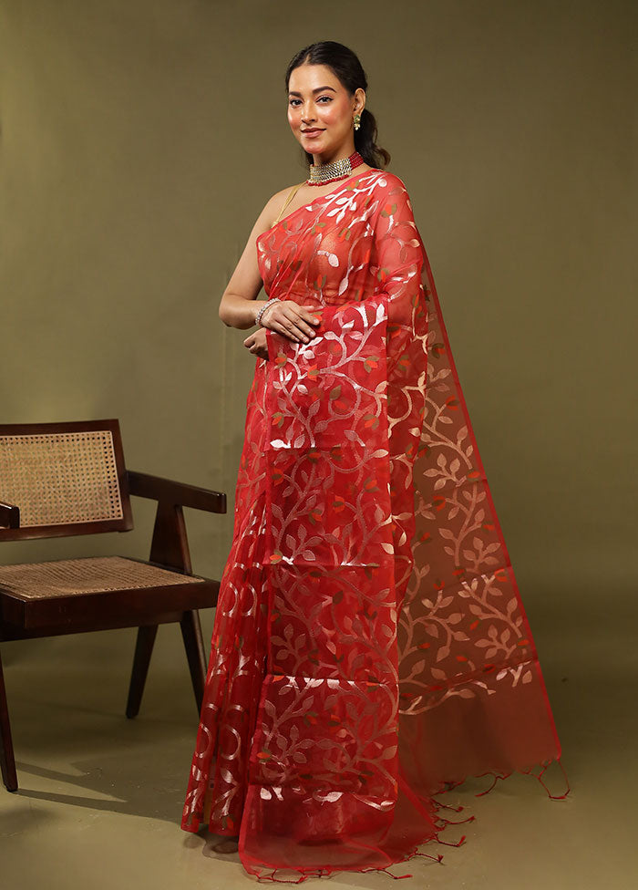Red Organza Saree With Blouse Piece