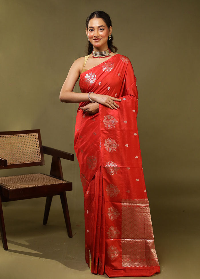 Red Dupion Silk Saree With Blouse Piece