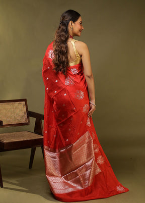 Red Dupion Silk Saree With Blouse Piece
