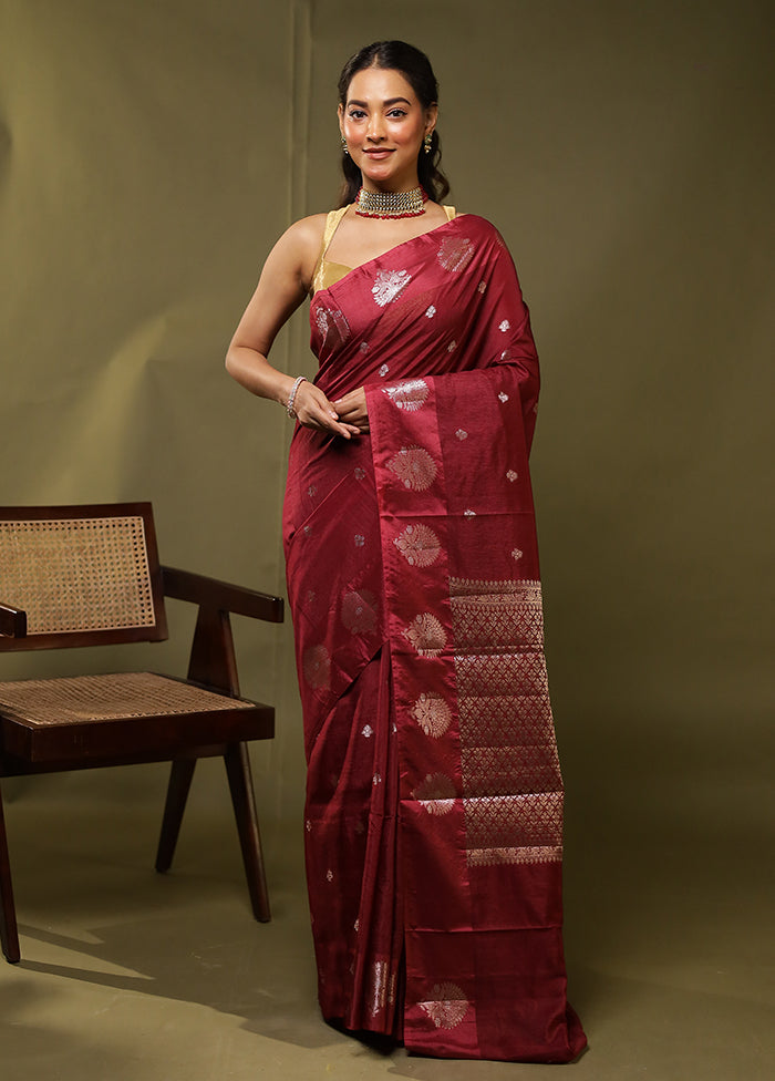 Maroon Dupion Silk Saree With Blouse Piece