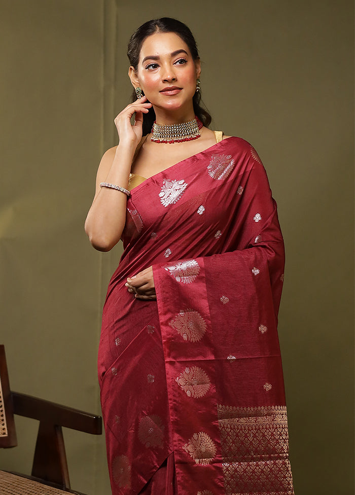 Maroon Dupion Silk Saree With Blouse Piece