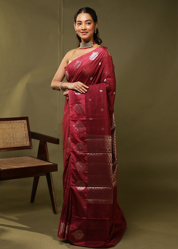 Maroon Dupion Silk Saree With Blouse Piece