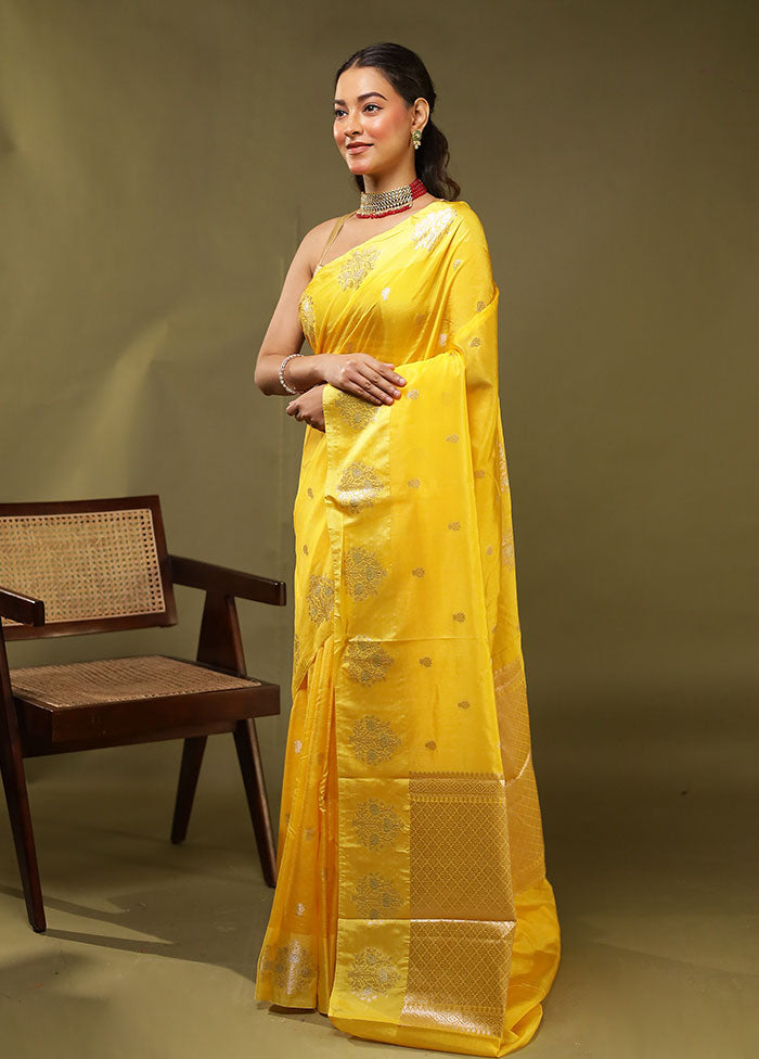 Yellow Dupion Silk Saree With Blouse Piece