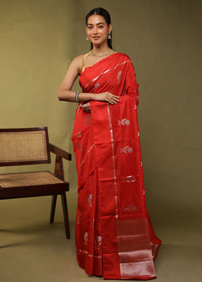 Red Dupion Silk Saree With Blouse Piece