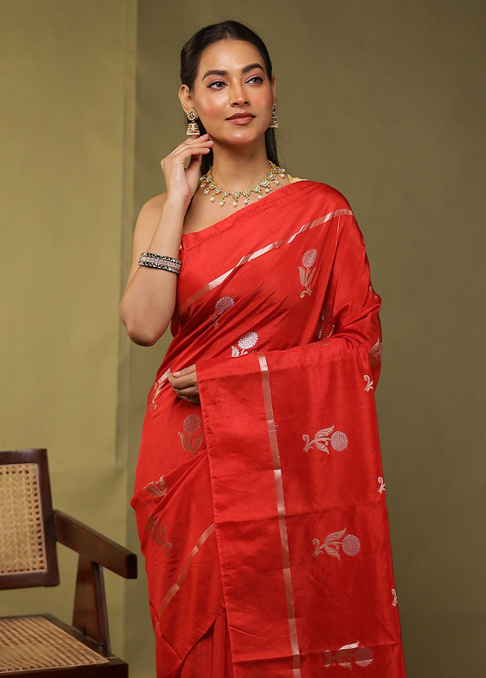 Red Dupion Silk Saree With Blouse Piece