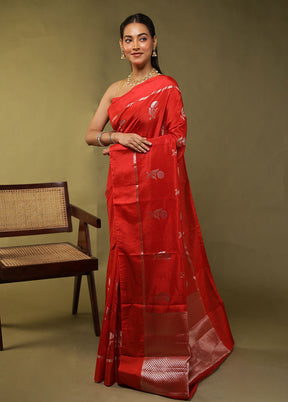 Red Dupion Silk Saree With Blouse Piece