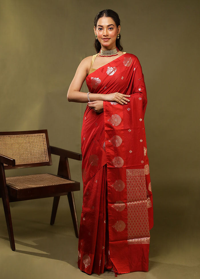 Red Dupion Silk Saree With Blouse Piece