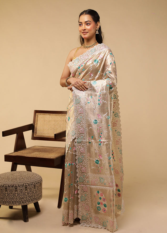 Cream Tissue Silk Saree With Blouse Piece