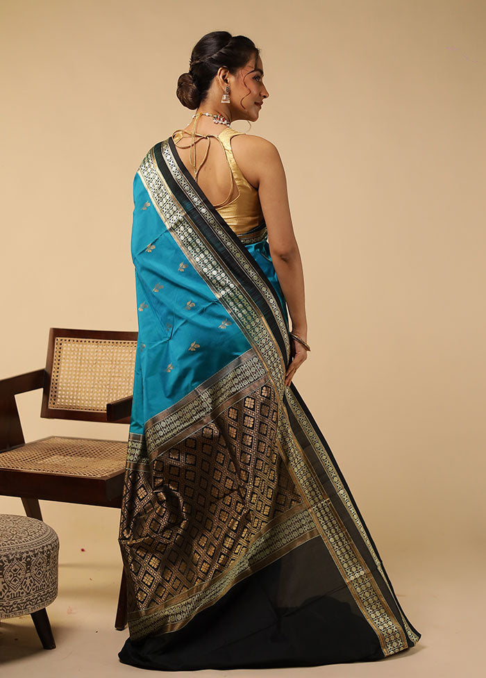 Blue Handloom Bomkai Pure Silk Saree With Blouse Piece