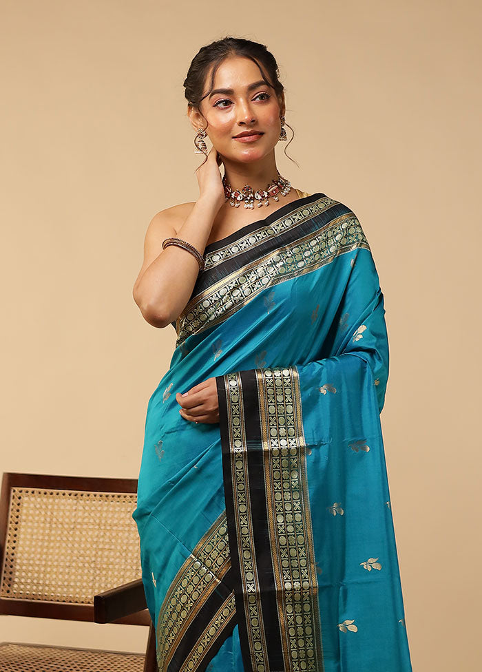 Blue Handloom Bomkai Pure Silk Saree With Blouse Piece