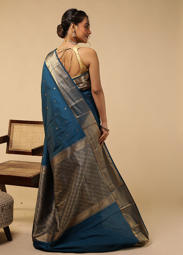 Blue Kanjivaram Silk Saree With Blouse Piece