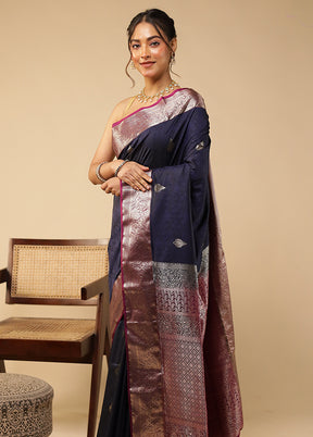 Blue Kanjivaram Silk Saree With Blouse Piece
