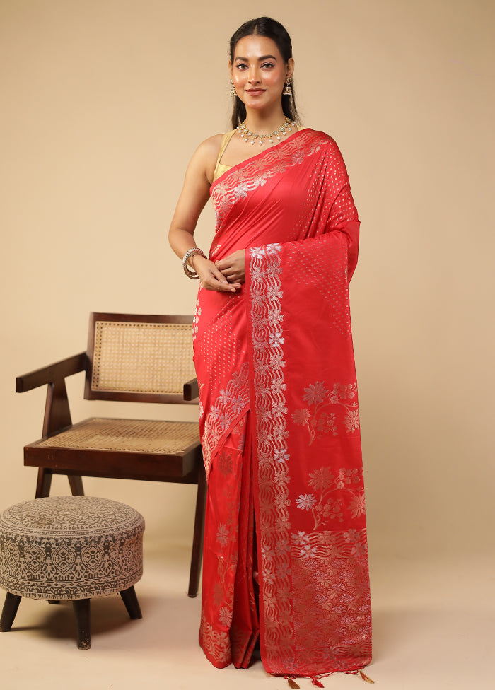 Red Dupion Silk Saree With Blouse Piece