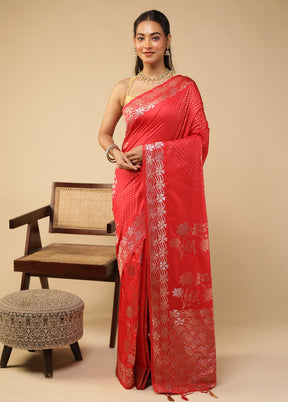 Red Dupion Silk Saree With Blouse Piece
