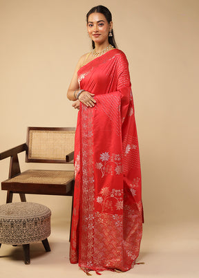 Red Dupion Silk Saree With Blouse Piece