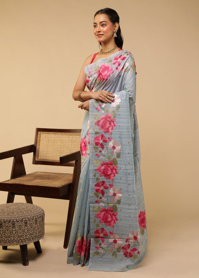Blue Pure Cotton Saree With Blouse Piece