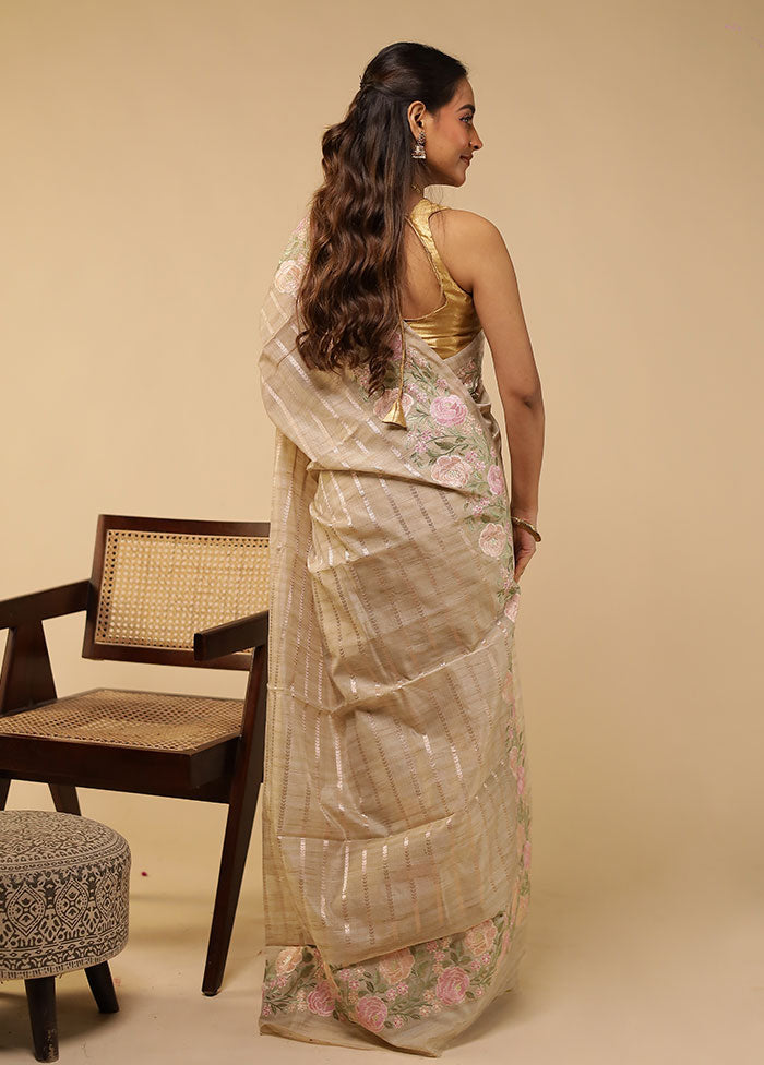 Cream Pure Cotton Saree With Blouse Piece