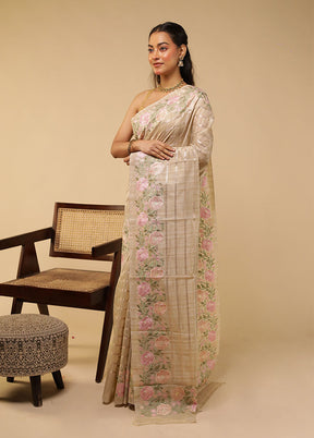 Cream Pure Cotton Saree With Blouse Piece