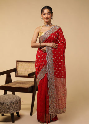 Red Handloom Pure Georgette Saree With Blouse Piece