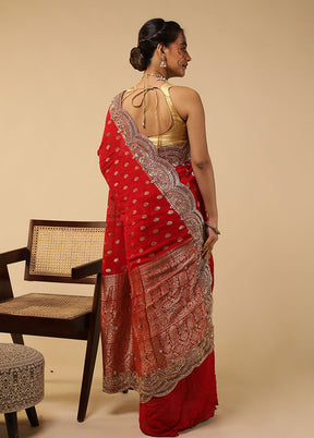Red Handloom Pure Georgette Saree With Blouse Piece