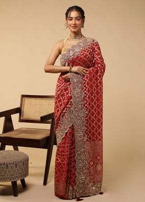 Maroon Handloom Pure Georgette Saree With Blouse Piece