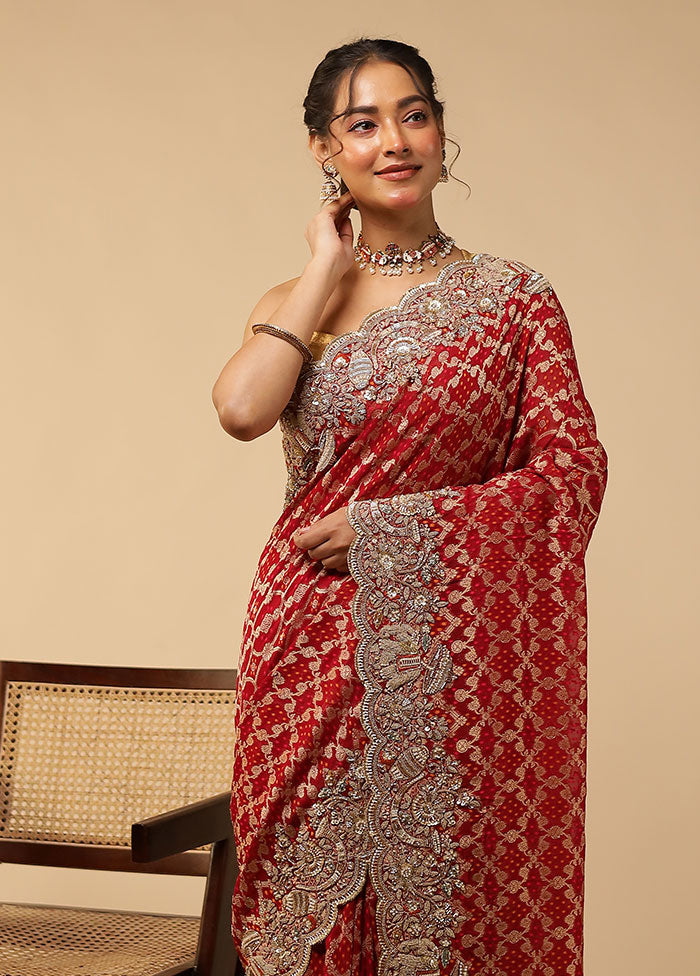 Maroon Handloom Pure Georgette Saree With Blouse Piece