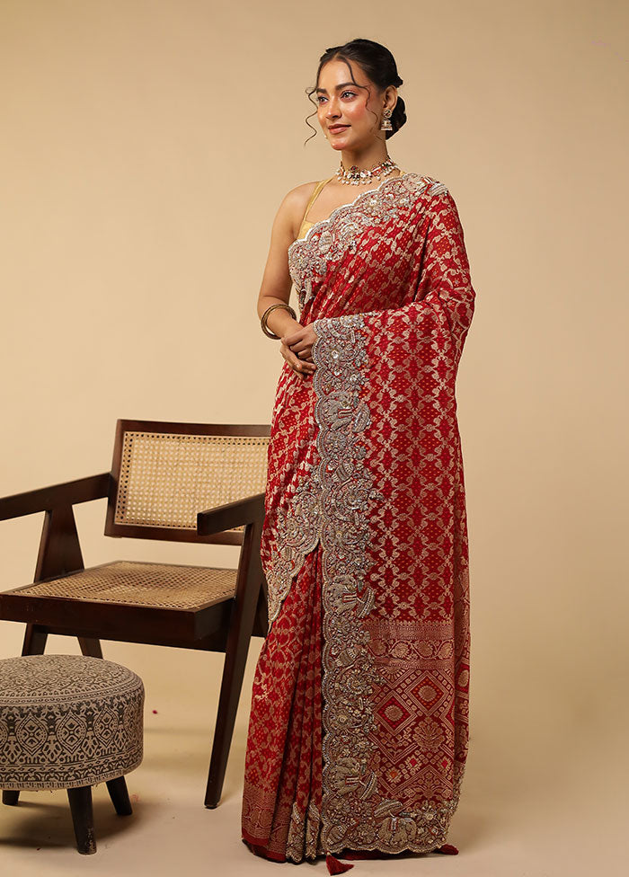 Maroon Handloom Pure Georgette Saree With Blouse Piece